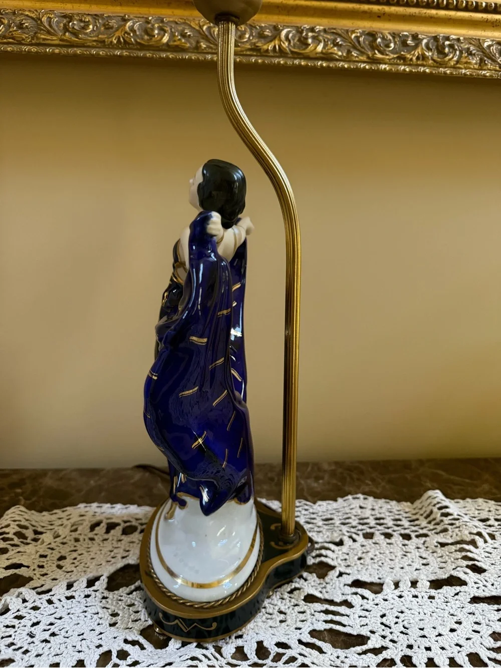 Vintage Art Deco Porcelain Dancing Lady Lamp in Deep Blue and Gold